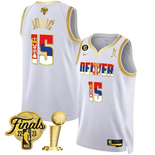 Men's White Gold Denver Nuggets #15 Nikola Jokic 2023 Serbia Flag Finals Champions With NO.6 Patch Stitched Basketball Jersey